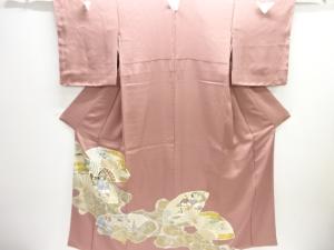 未使用品　扇面に時代人物模様刺繍三ツ紋色留袖（比翼付き）